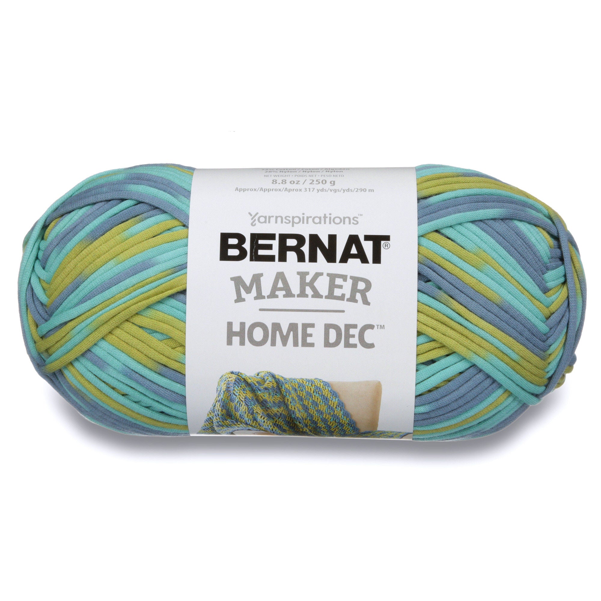 Large 250g skein of Bernat Maker Home Dec yarn; a soft and sturdy bulky weight yarn (Size 5) for quick-knit blankets and stylish rugs. Mixed of blue and green coloiurs