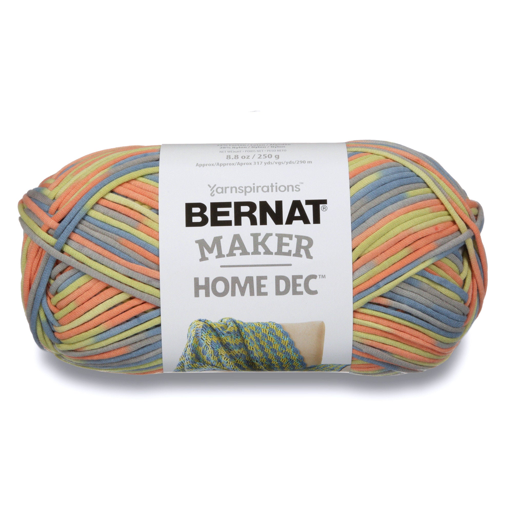 Bernat Maker Home Dec tubular yarn in Retro Color a chunky 250g cotton-nylon blend for modern crochet baskets and home accessories. orange blue and green mix yarn