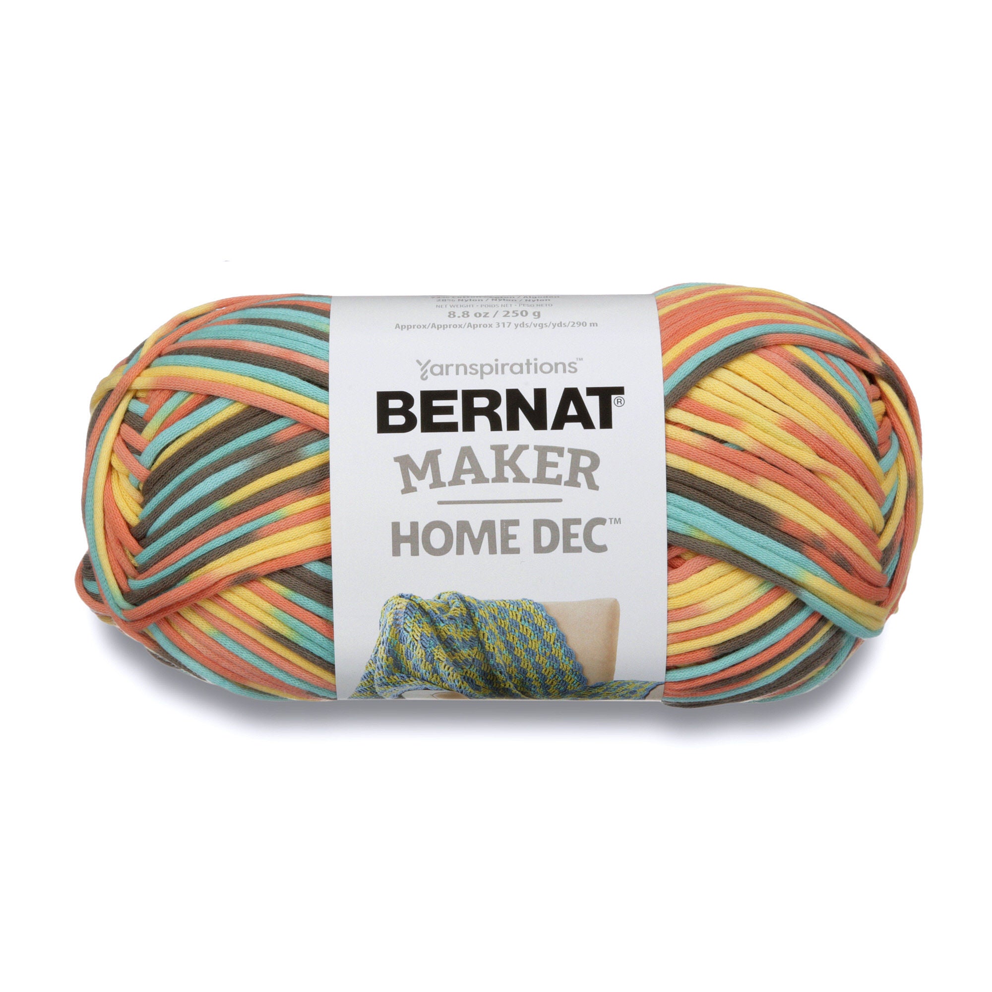 Large 250g skein of Bernat Maker Home Dec yarn; a soft and sturdy bulky weight yarn (Size 5) for quick-knit blankets and stylish rugs. Mixed of yellow and brown yarn