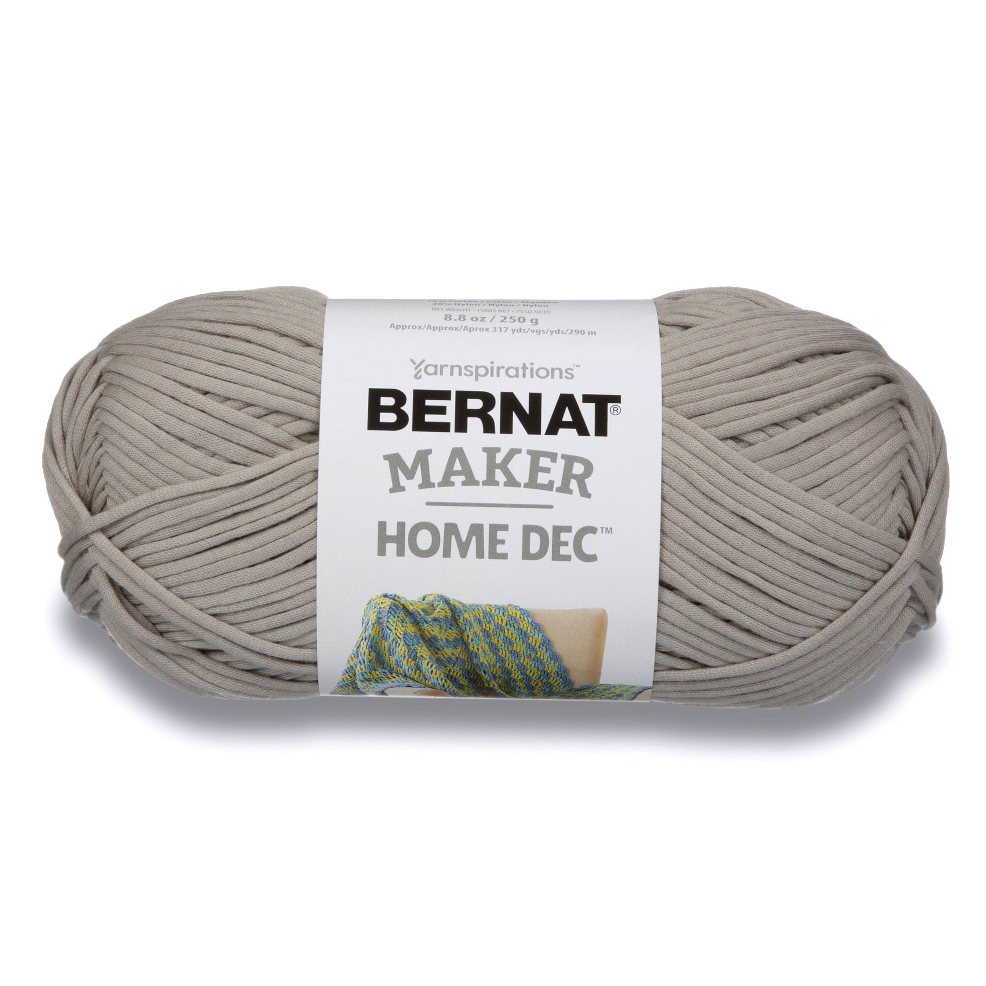 Bernat Maker Home Dec tubular yarn in Clay Color; a chunky 250g cotton-nylon blend for modern crochet baskets and home accessories