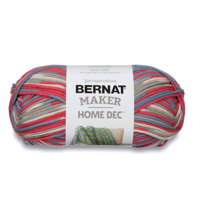 Bernat Maker Home Dec tubular yarn in Nautical Colour a chunky 250g cotton-nylon blend for modern crochet baskets and home accessories. mix of red, blue and cream colour
