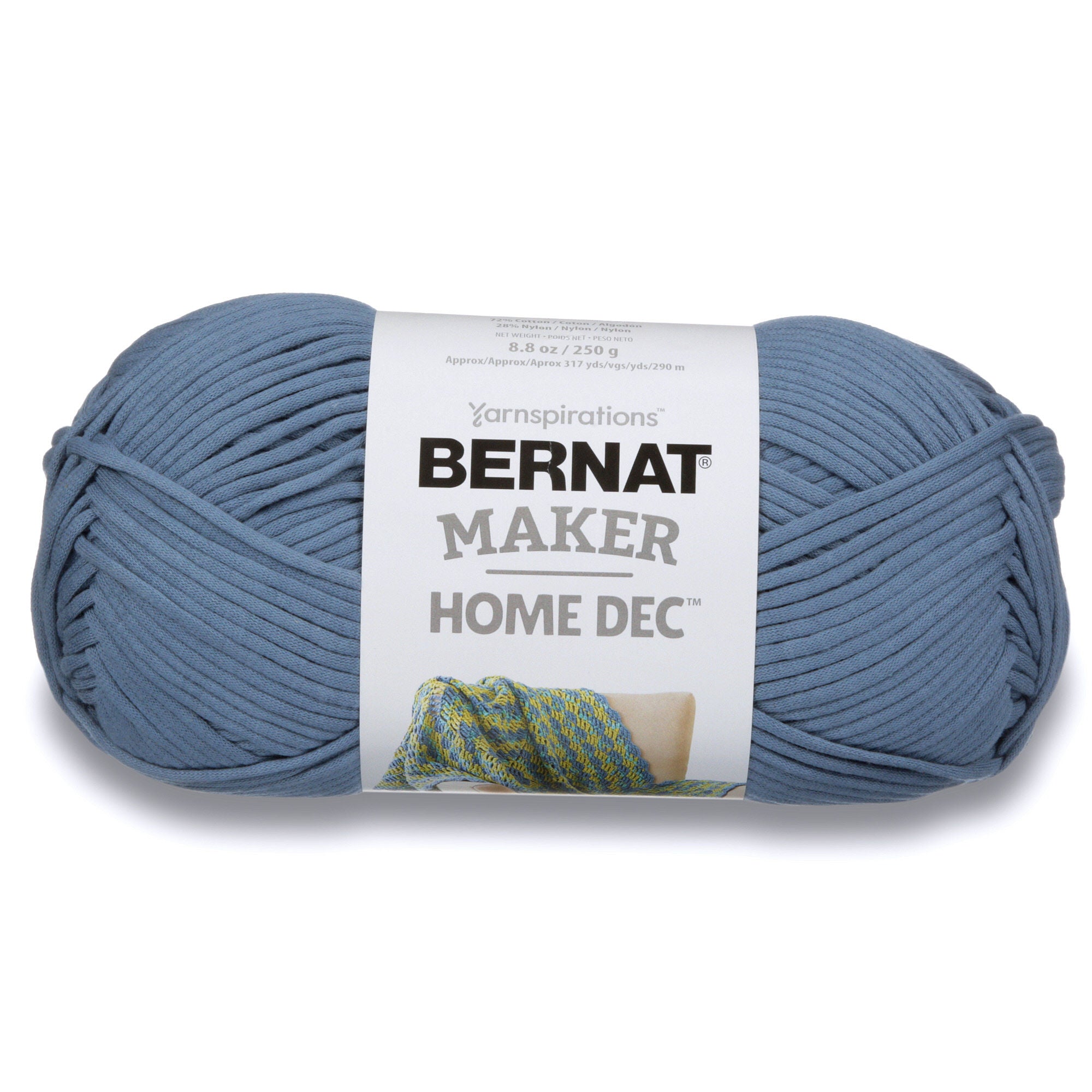 Close-up of Bernat Maker Home Dec showing the smooth jersey-tube construction and high-definition stitch work; ideal for machine-washable home decor in Blue Steel Colour
