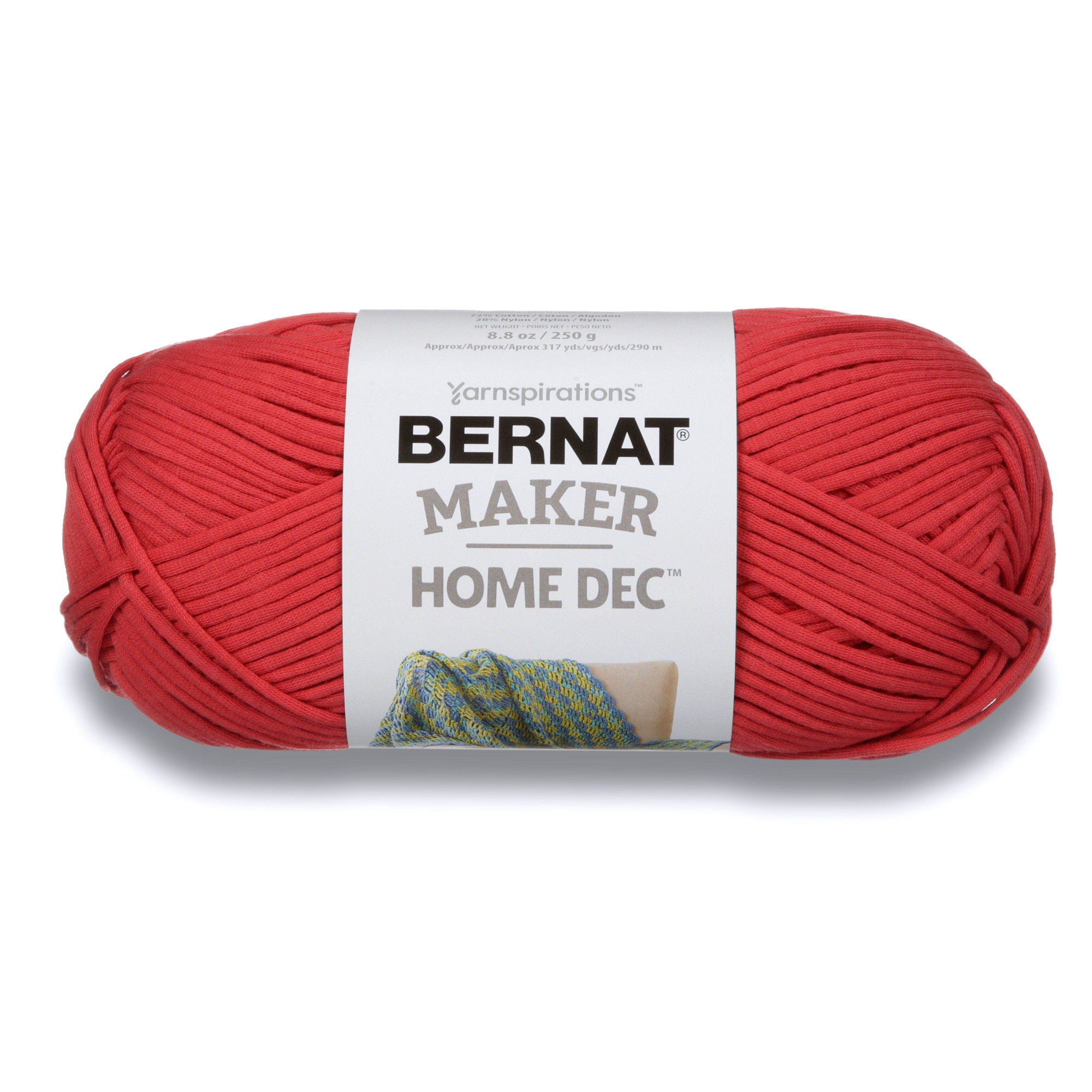 Large 250g skein of Bernat Maker Home Dec yarn; a soft and sturdy bulky weight yarn (Size 5) for quick-knit blankets and stylish rugs. In woodberry Red colour