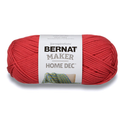 Large 250g skein of Bernat Maker Home Dec yarn; a soft and sturdy bulky weight yarn (Size 5) for quick-knit blankets and stylish rugs. In woodberry Red colour