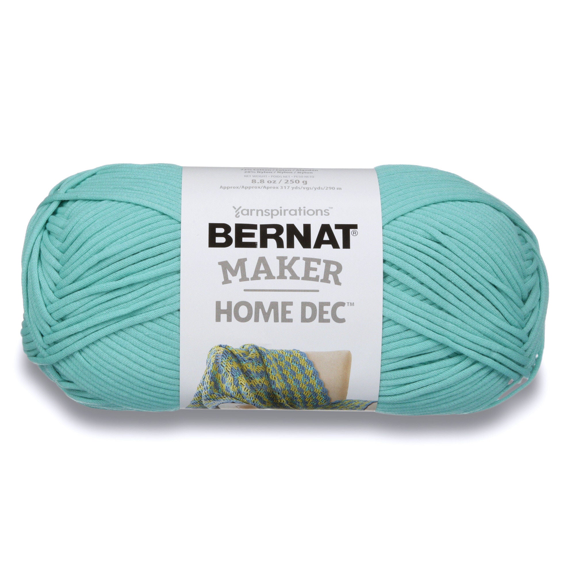 Bernat Maker Home Dec tubular yarn in Aqua Color a chunky 250g cotton-nylon blend for modern crochet baskets and home accessories