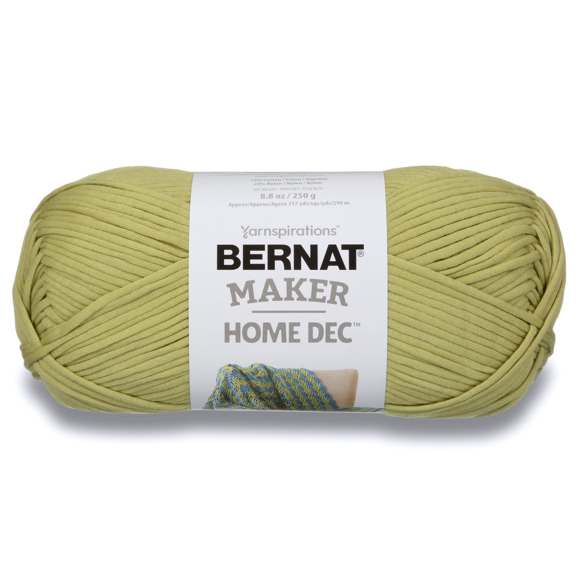 Bernat Maker Home Dec tubular yarn in Green Pea Color a chunky 250g cotton-nylon blend for modern crochet baskets and home accessories