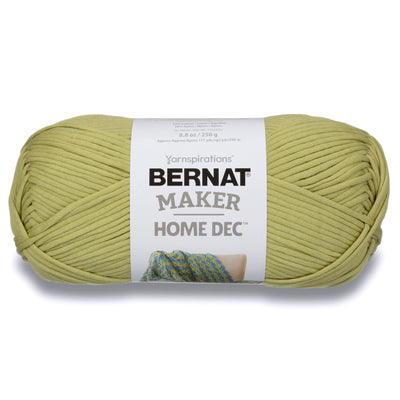 Bernat Maker Home Dec tubular yarn in Green Pea Color a chunky 250g cotton-nylon blend for modern crochet baskets and home accessories