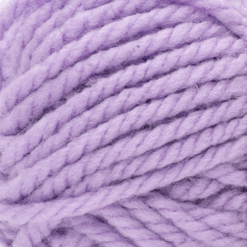 A skein of Bernat Softee Chunky yarn in lilac color.