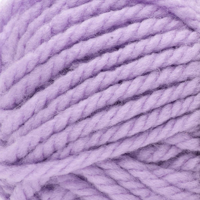 A skein of Bernat Softee Chunky yarn in lilac color.