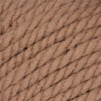 A 100g skein of Bernat Softee Chunky yarn in a vibrant solid color, showing its thick, plied structure and soft matte finish in soft taupe brown colour.