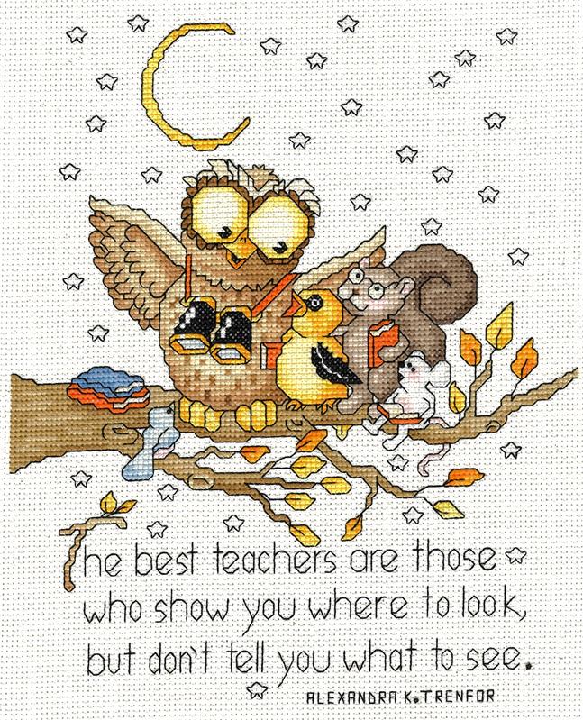 A complete "Best Teachers" cross stitch kit, showcasing a meaningful gift for educators that features a wise owl design and all necessary stitching supplies