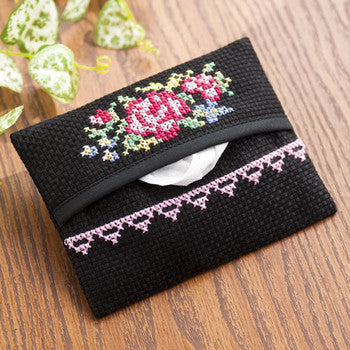 Close-up of the ready-made pouch construction, highlighting the clean stitching and the integrated Aida cloth panel in black colour