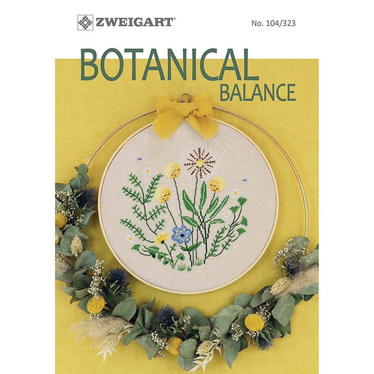 Cover of a cross stitch pattern book titled 'Botanical Balance', featuring a cross-stitched floral design on a beige background with a yellow bow.