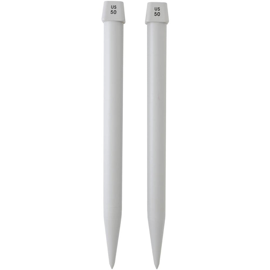 Two grey jumbo plastic knitting needles labeled US 50/25mm, displayed against a white 
background.

A pair of grey Boye Jumbo 25mm (US 50) plastic knitting needles, 14 inches long, showcasing their large diameter and tapered points