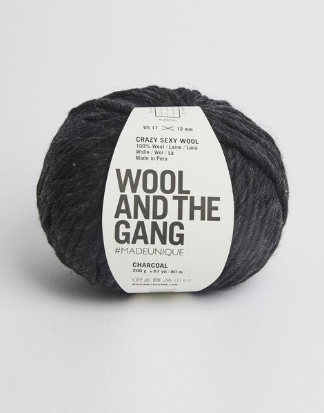 A bold red ball of Wool and the Gang Crazy Sexy Wool yarn with a label in the center against a white background in charcoal grey colour.