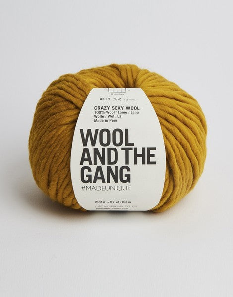 A bold red ball of Wool and the Gang Crazy Sexy Wool yarn with a label in the center against a white background in bronzed olive colour.