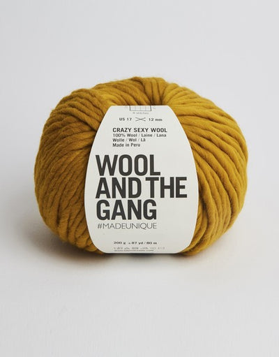 A bold red ball of Wool and the Gang Crazy Sexy Wool yarn with a label in the center against a white background in bronzed olive colour.