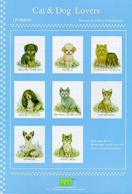 A booklet with cross-stitch pattern charts for various cats and dogs, with text indicating the pattern name and a brief description.