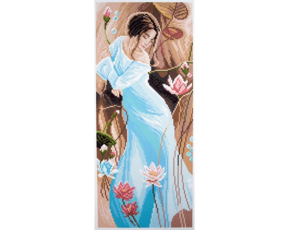 An elegant CdA cross-stitch kit titled 'Romance' in a vertical panoramic format. The image showcases a sophisticated floral design pre-printed on a 14-count canvas. The kit is displayed with all necessary genuine DMC embroidery threads, a tapestry needle, and instructions, highlighting its suitability for creating a refined piece of long-format wall art