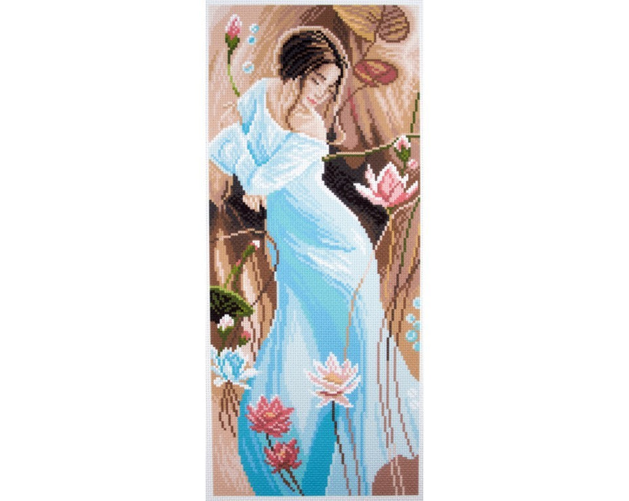 An elegant CdA cross-stitch kit titled 'Romance' in a vertical panoramic format. The image showcases a sophisticated floral design pre-printed on a 14-count canvas. The kit is displayed with all necessary genuine DMC embroidery threads, a tapestry needle, and instructions, highlighting its suitability for creating a refined piece of long-format wall art