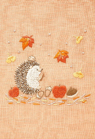 DMC Chicchi-san embroidery kit featuring a delicate animal design an autumn hedgehog pre-printed on a 100% natural linen background