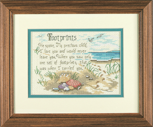 Inspirational Scripture Wall Art, Religious Home Decor.
Dimensions 'He Spoke' counted cross-stitch kit packaging showing a tranquil nature scene with inspirational scripture in soft blue and green tones.
A cross stitch kit depicting a beach scene with text, framed in a light 
beige frame.