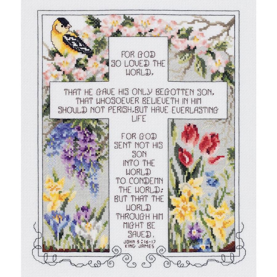 Cross stitch kit depicting a religious text with floral design on a white fabric background, featuring a cross and a bird perched on a branch with flowers.
John 3:16 Cross Stitch Kit, 
Janlynn Scripture Sampler, Stoney Creek Cross Stitch, Bible Verse Needlework Kit, Christian Cross Stitch Designs
embroidery and cross stitch kits Singapore