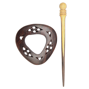 The KnitPro Exotica Camara shawl pin, featuring a bold, circular wooden frame and a matching smooth wooden stick for fastening.

A wooden shawl pin with a camera-shaped cut-out design accompanied by a cylindrical wooden stick, likely used for knitting or as a hair piece accessory.