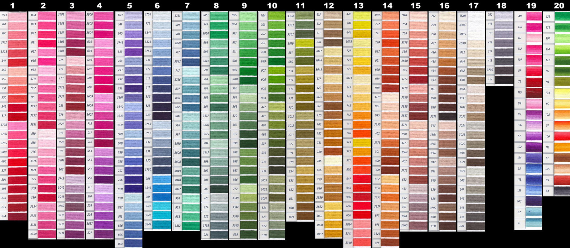 DMC color codes, 6-strand cotton floss, embroidery thread bundle, colorfast cross stitch supplies, professional needlework thread