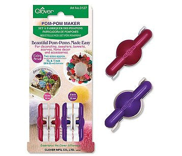 A professional-grade Clover brand Extra-Small Pom Pom Maker set. The package includes two high-definition tools in vibrant, coordinating colors: one for creating approximately 3/4 inch (20mm) pom poms and one for 1 inch (25mm) pom poms.