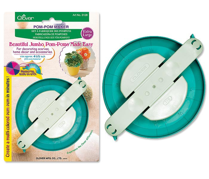 A professional-grade Clover brand Jumbo Pom Pom Maker. This high-definition tool is specifically designed to create extra-large pom poms measuring approximately 4 1/2 inches (115mm) in diameter. The tool features a robust, smooth-glide resin construction in a bright, signature color, with sturdy arches for easy yarn winding and a secure locking mechanism