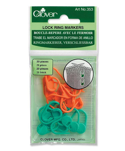 A pack of Clover brand locking stitch markers in orange and green, contained in a clear plastic package with a green label at the top.

A set of 20 Clover locking stitch markers in bright orange and lime green, displayed in their signature Clover packaging