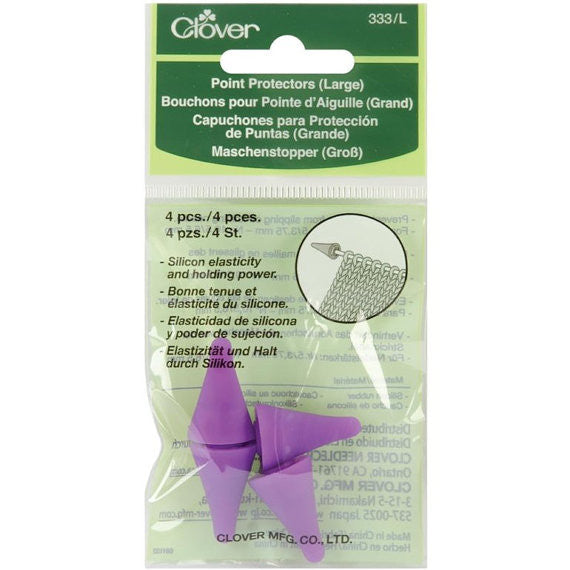 Packaging of Clover Point Protectors, showing silicon rubber knitting needle caps in green and purple colors.