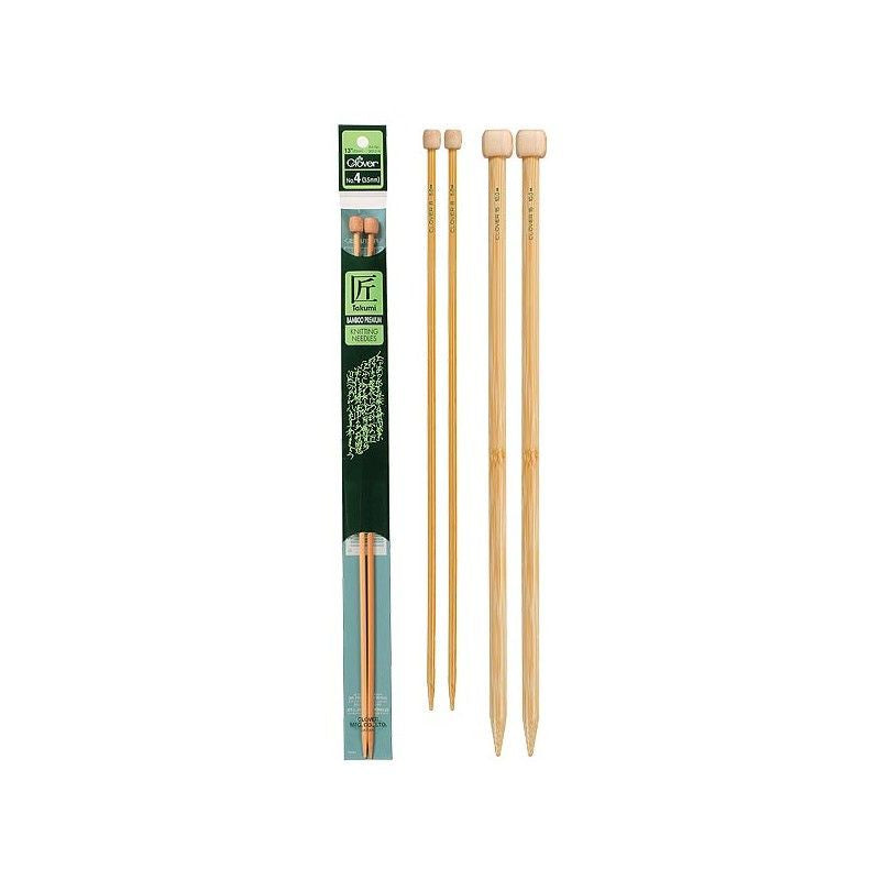 A pair of Clover Takumi Bamboo knitting needles showing the smooth, light wood grain and the professional 'Takumi' branding. Professional bamboo knitting tools, long wooden needles for sweaters, ergonomic knitting needles Singapore, Clover Takumi sizes, high-quality Japanese craft tools.