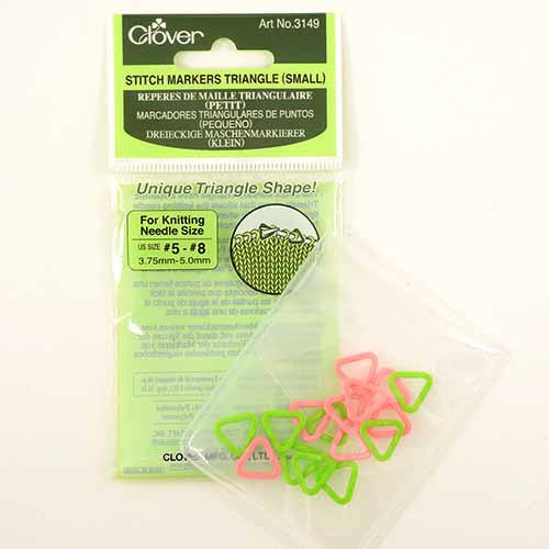 A package of Clover brand triangular stitch markers in pink, green, and yellow colors, designed for knitting sizes 5-8.
