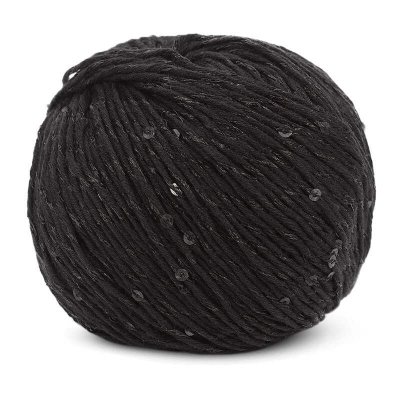 A 50g ball of DMC Natura Glam yarn, showing the beautiful twist of plain cotton thread with a matching sequined strand in black colour