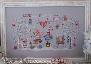 Cross stitch pattern chart titled 'Love is Knitting' with various colorful knitting-themed designs.