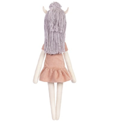 A finished 43cm Miadolla Billie the Pretty Unicorn linen doll, featuring her elegant upright pose and whimsical musical star design back view