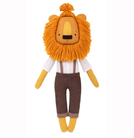A plush toy lion with a orange mane and a white and brown outfit, resembling a character from a children's storybook.
A finished 29cm Miadolla Kristof the Lion linen doll, featuring his stylishly crafted mane and confident trendsetter pose front view