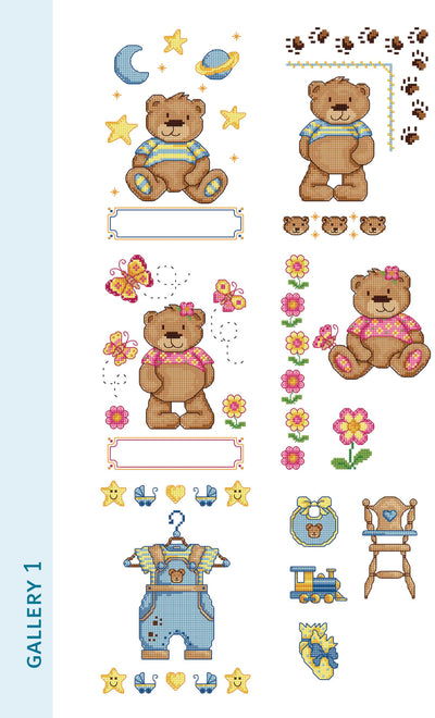 A page from the DMC motif book showing a variety of small, colorful icons like teddy beard cars, and flowers, ideal for quick-stitch projects.