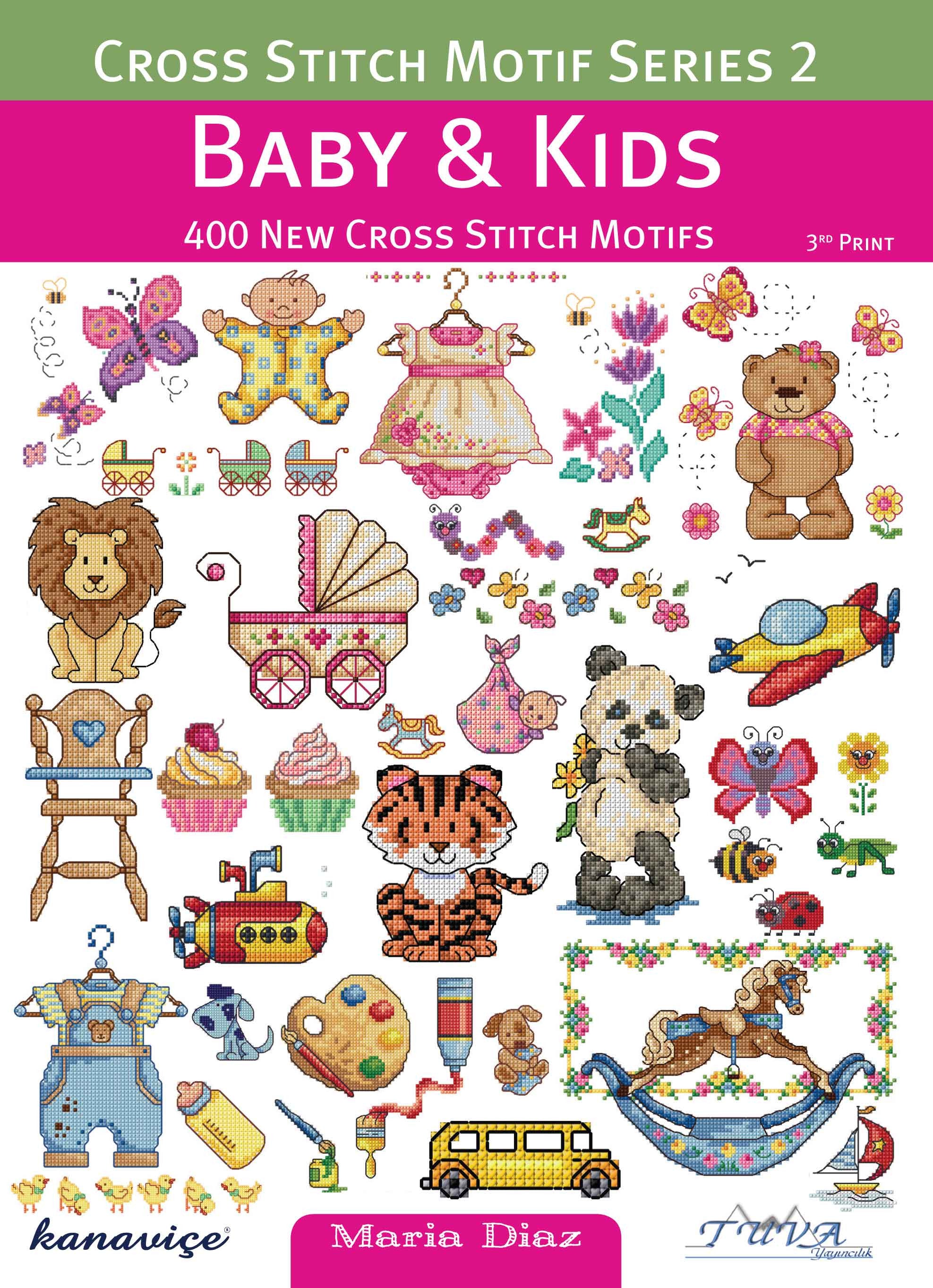 A collection of various cross stitch motifs featuring baby and kids themes, including animals, vehicles, and playful designs.