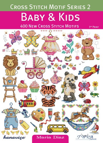 A collection of various cross stitch motifs featuring baby and kids themes, including animals, vehicles, and playful designs.