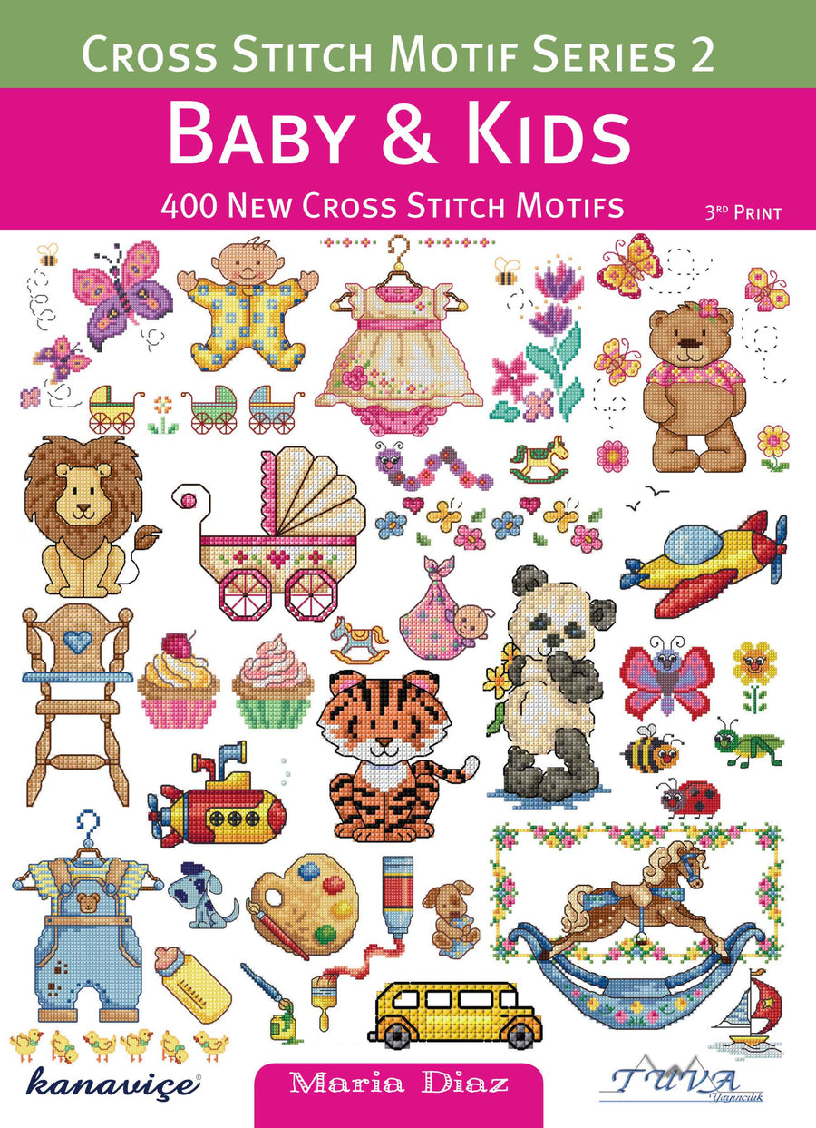 A collection of various cross stitch motifs featuring baby and kids themes, including animals, vehicles, and playful designs.
