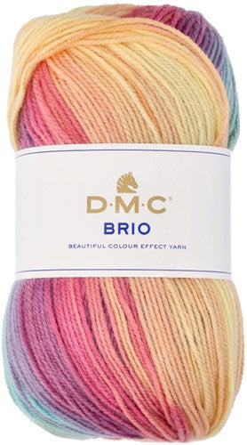 A 100g cake-style ball of DMC Brio yarn, showcasing its vibrant, self-striping color transitions. The image highlights the soft, multi-ply texture of the wool-acrylic blend, featuring a beautiful harmony of shades that create automatic patterns as you knit or crochet