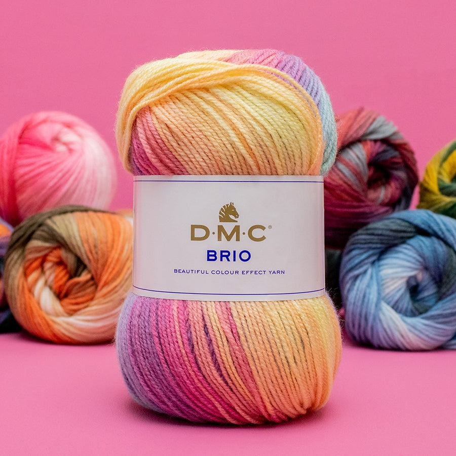 A 100g cake-style ball of DMC Brio yarn, showcasing its vibrant, self-striping color transitions. The image highlights the soft, multi-ply texture of the wool-acrylic blend, featuring a beautiful harmony of shades that create automatic patterns as you knit or crochet