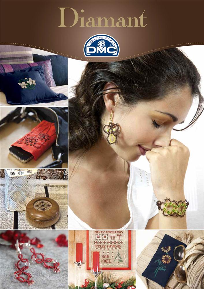 A professional-grade pattern chart from DMC specifically designed for use with Diamant metallic threads. The high-definition layout includes dedicated sections for three different artisanal techniques: needle or shuttle tatting, counted cross-stitch, and freestyle surface embroidery. The designs feature intricate, soulful motifs that highlight the non-snagging, high-shine properties of Diamant thread. The chart is organized in a boutique style with clear symbols and instructional diagrams.