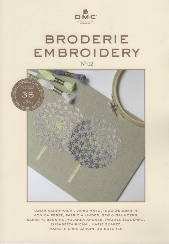 Cover of DMC Embroidery Book N°2 featuring embroidery patterns and tools

Front cover of the DMC Embroidery Book N°2, featuring a vibrant, textured flower wreath stitched with lustrous Pearl Cotton."