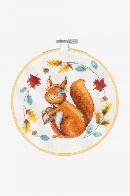 A charming DMC counted cross-stitch kit titled 'Folk Squirrel.' The design features a symmetrical orange-and-brown squirrel decorated with intricate folk-art floral patterns in shades of cream, teal, and gold. The kit is all-inclusive, featuring 14-count white Aida fabric, a 7-inch bamboo hoop, generous lengths of DMC embroidery floss, a tapestry needle, and complete instructions.