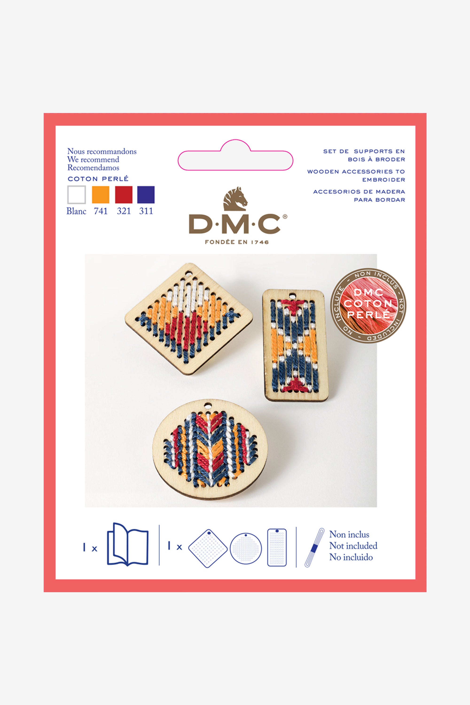 Packaging of DMC wooden pendants showing three different shapes: circular, rectangular, and diamond-shaped, with a geometric pattern design in various colors.