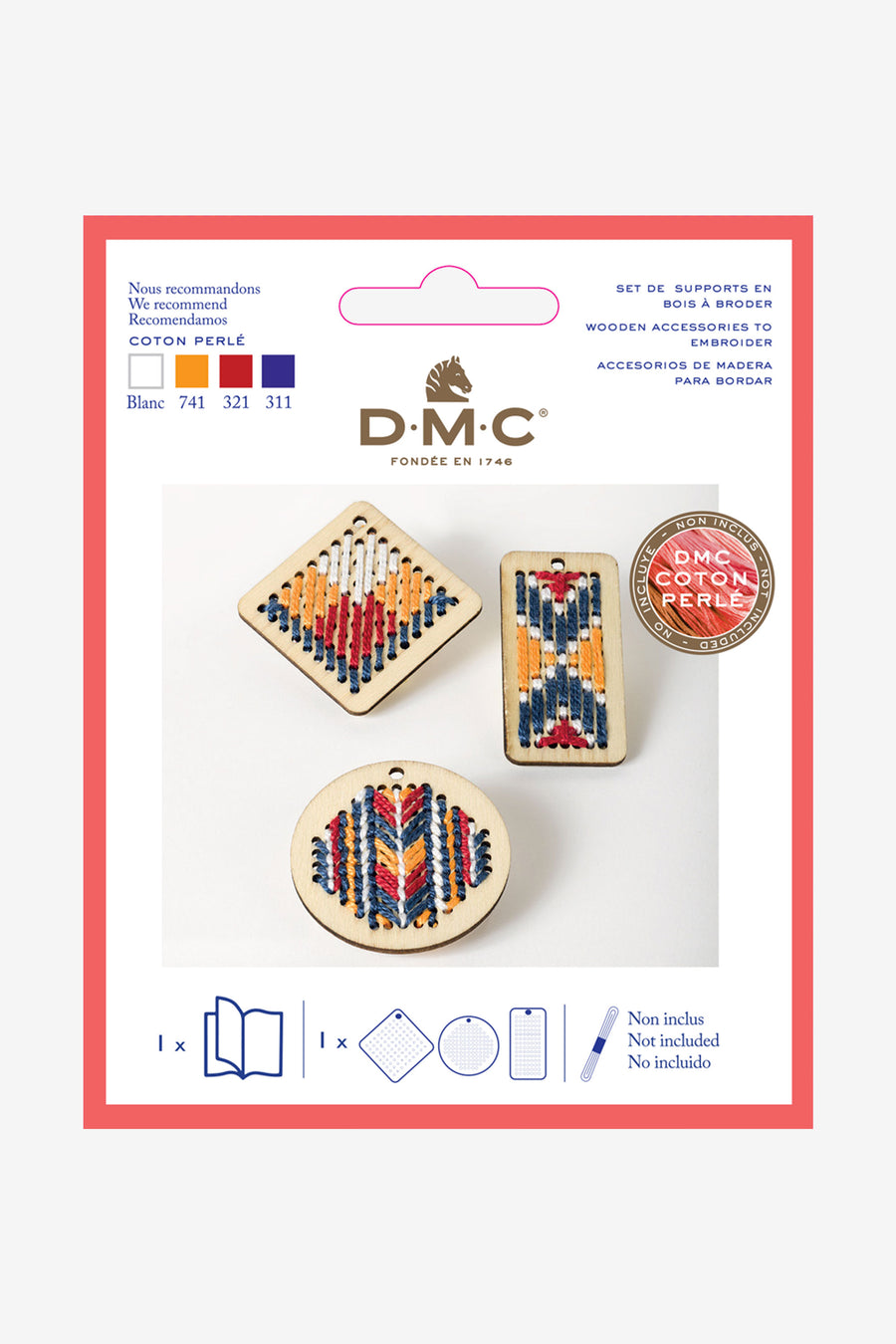 Packaging of DMC wooden pendants showing three different shapes: circular, rectangular, and diamond-shaped, with a geometric pattern design in various colors.